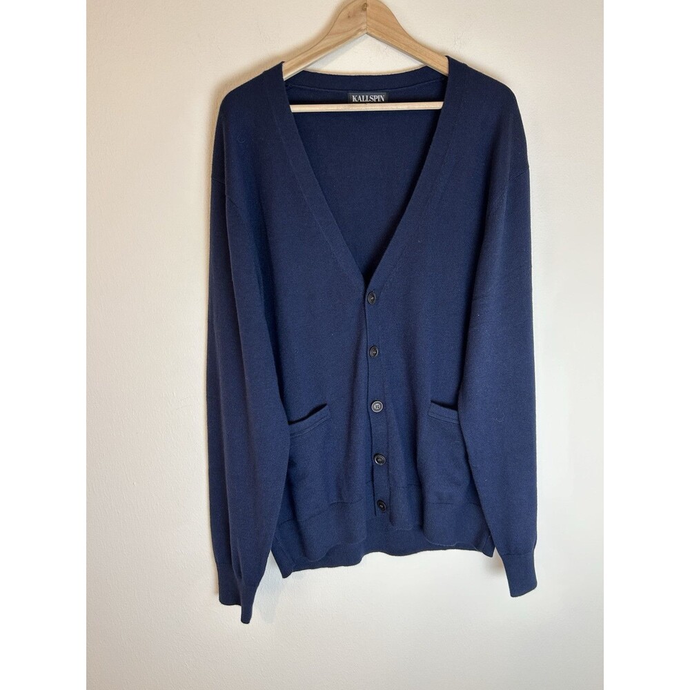 Kallspin Men’s Size XL Sweater Cardigan Cashmere Wool Button V-neck Navy Blue